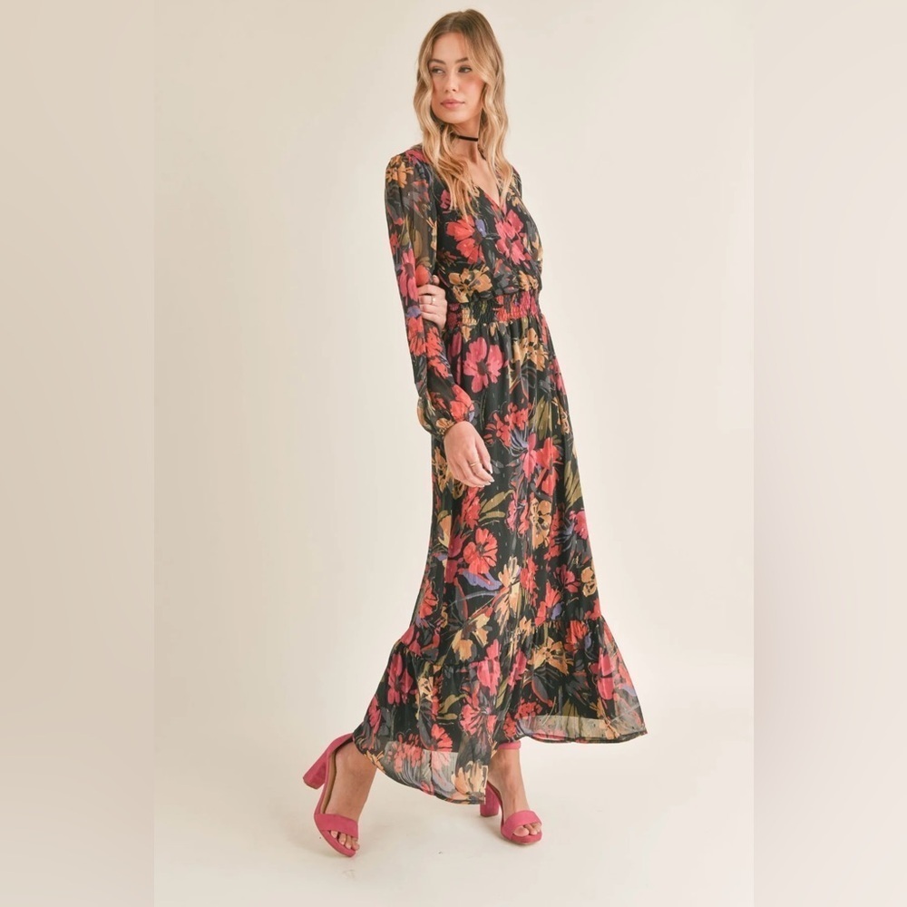 Sadie + Sage Among the Stars Surplice Maxi Dress -Black Multi Floral- Size Small